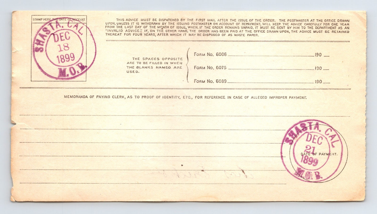 Knob California 1899 Postal Money Order Advice Shasta County 3.5 x 5.5