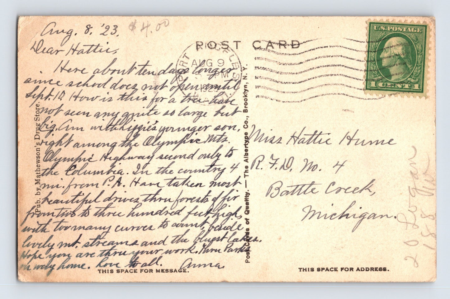Port Angeles Washington Giant Cedar Tree Logging Lumberjacks 1923 Postcard Posted
