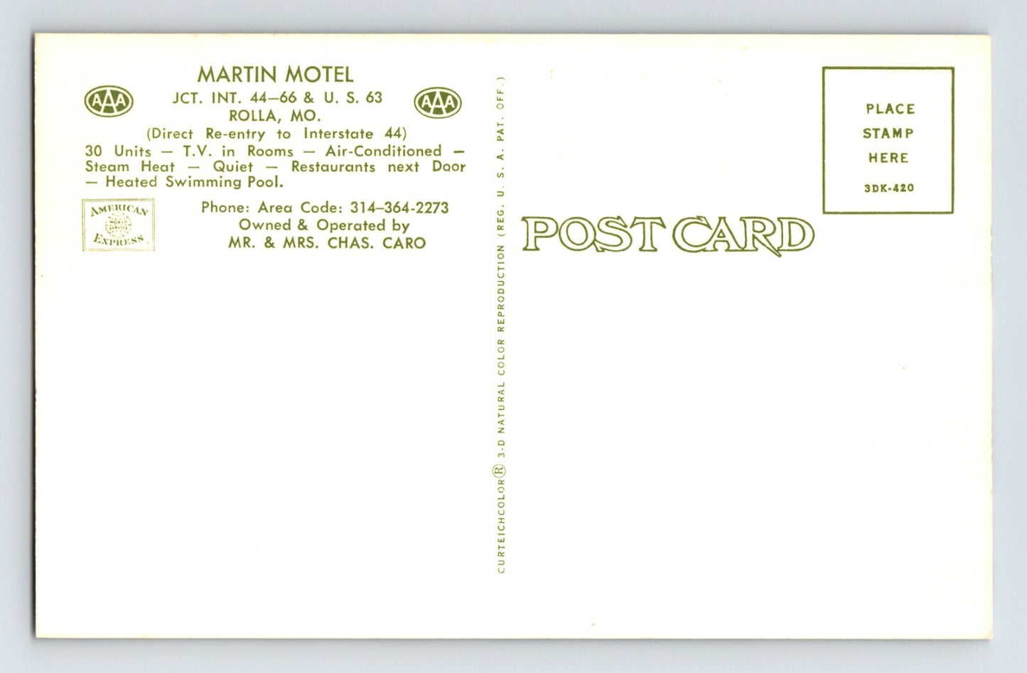 Rolla Missouri Martin Motel Pool Route 66 Postcard 1960s Unposted Chrome