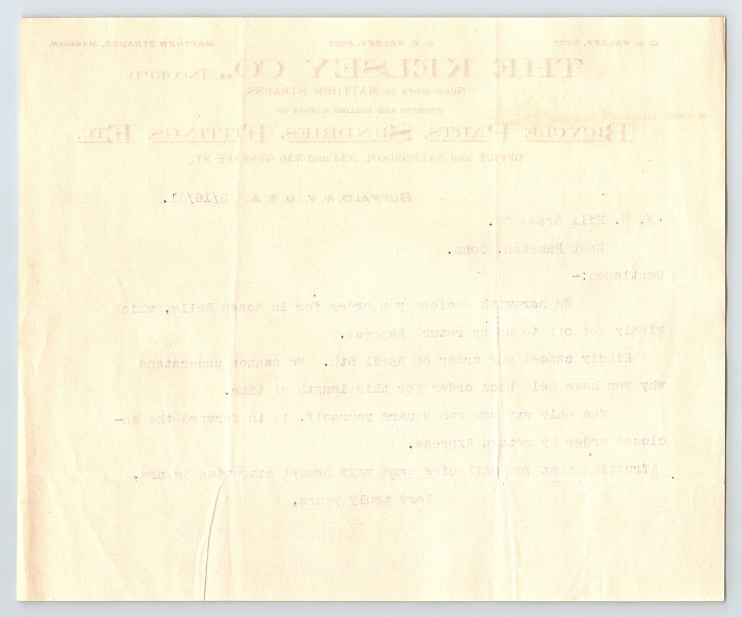 The Kelsey Company Buffalo New York 1901 Bicycle Letterhead 8.5 x 7