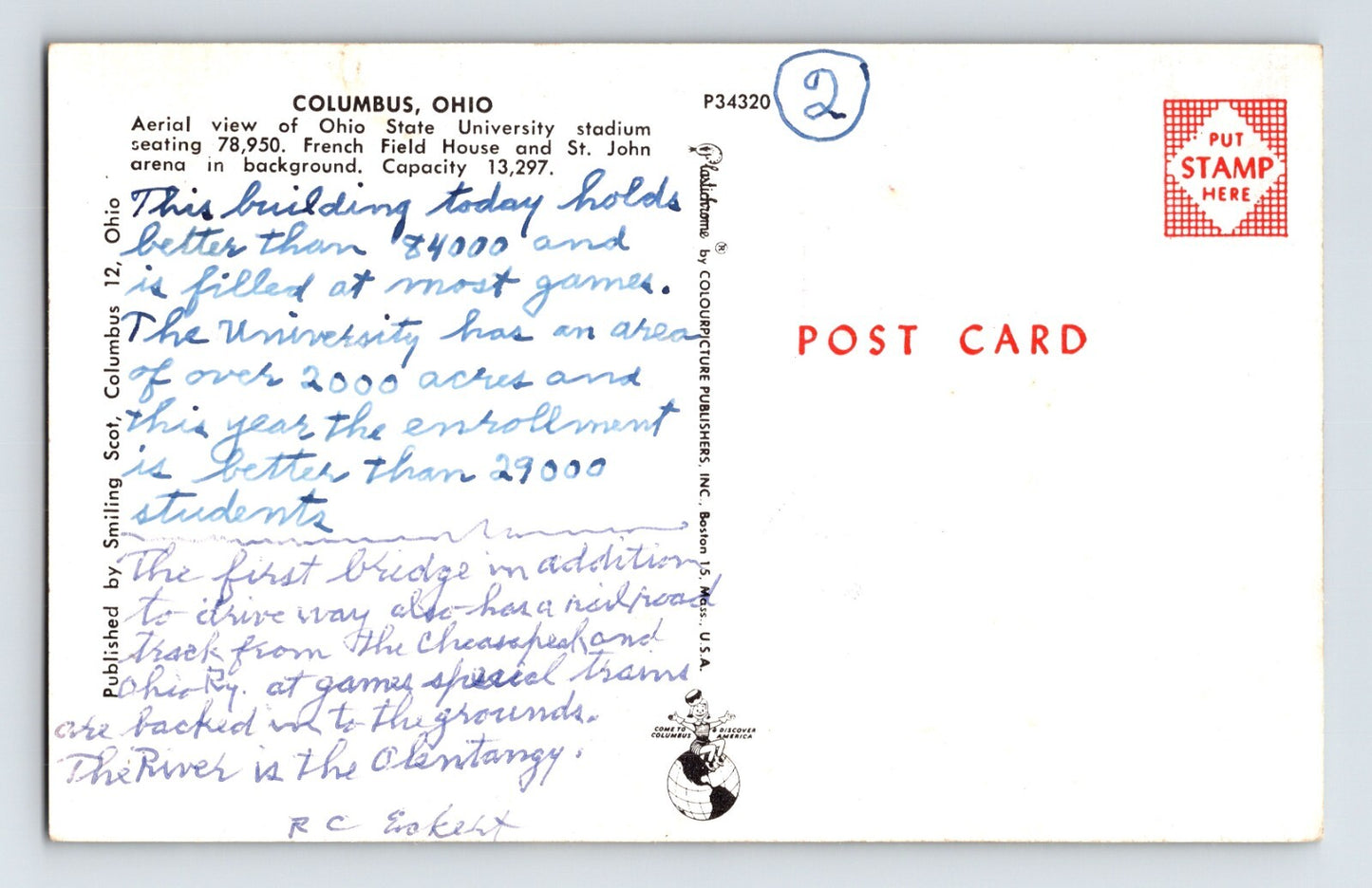 Columbus Ohio Ohio State University Football Stadium Buckeyes 1950s Postcard