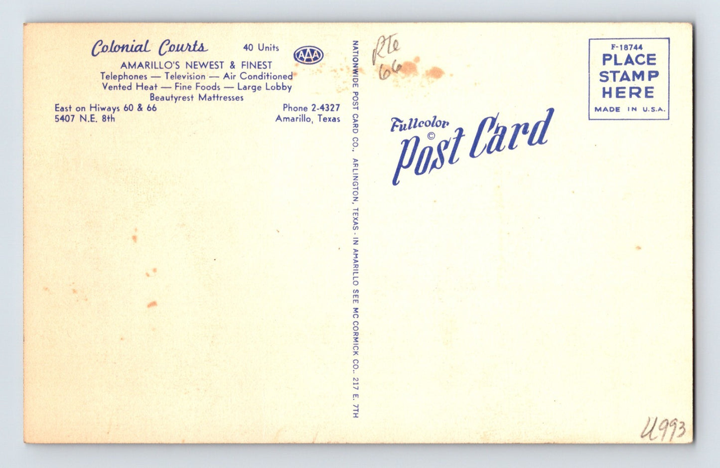Amarillo Texas Colonial Courts Motel Route 66 Postcard 1940s Unposted Linen