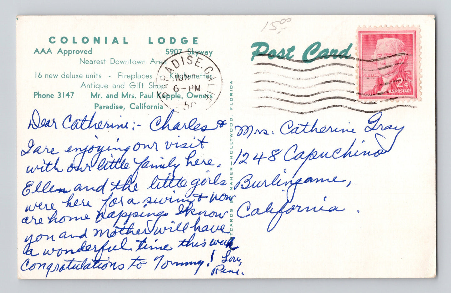 Paradise California Colonial Lodge Antiques 1950 Posted Chrome