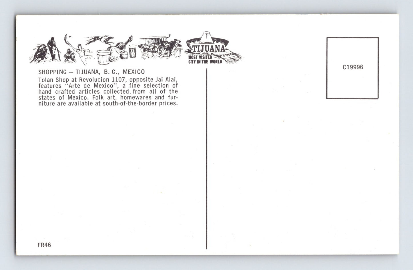 Tijuana Baja California Mexico Tolan Shop 1960s Postcard Unposted Chrome