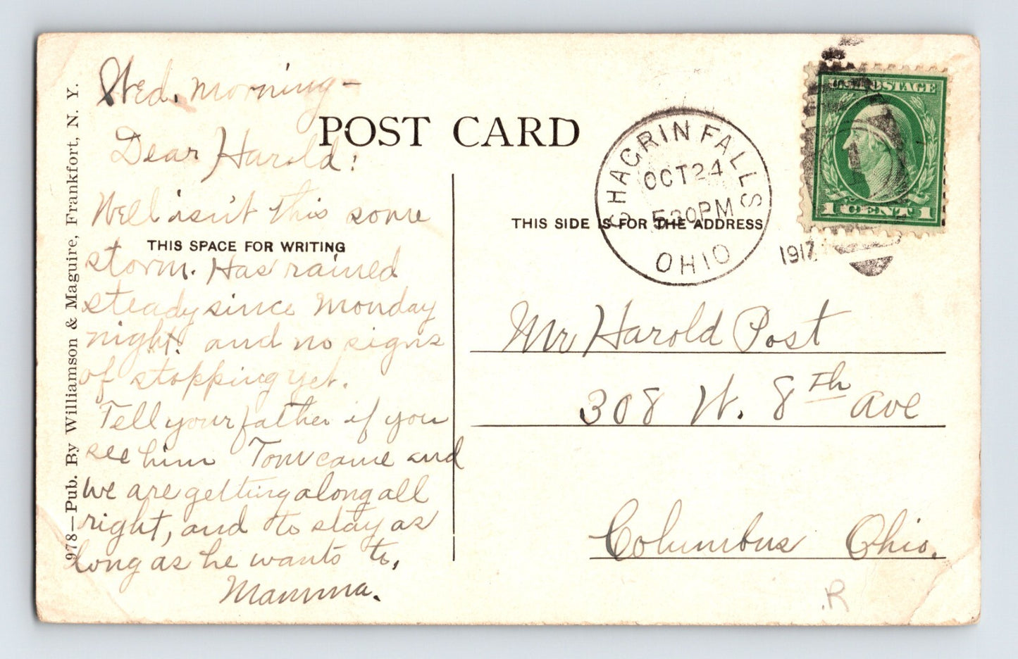 Frankfort New York Main Street Moyer Creek 1917 Postcard Posted Divided Back