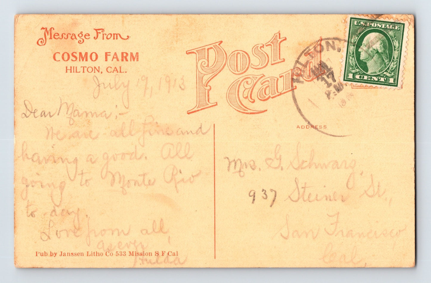 Hilton California Cosmo Farm Dining Room 1913 Postcard Posted
