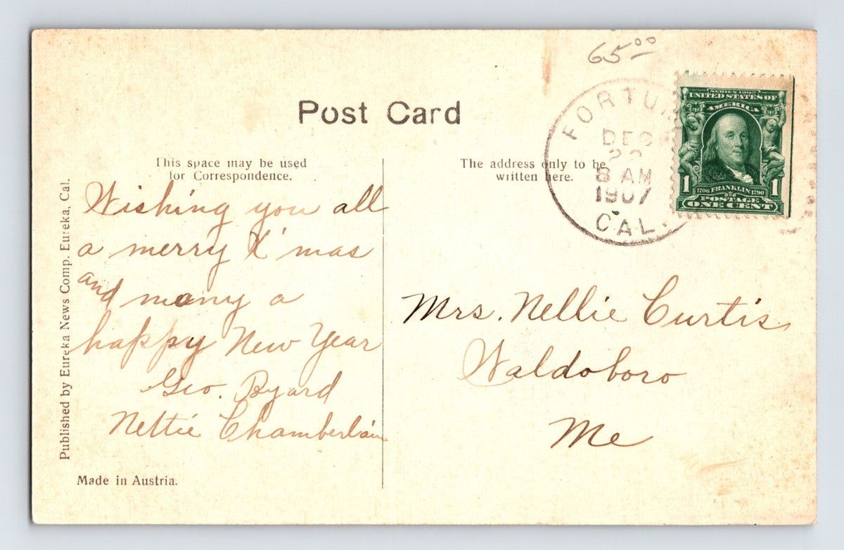 Eureka California Merry Christmas 1907 Postcard Posted Divided Back