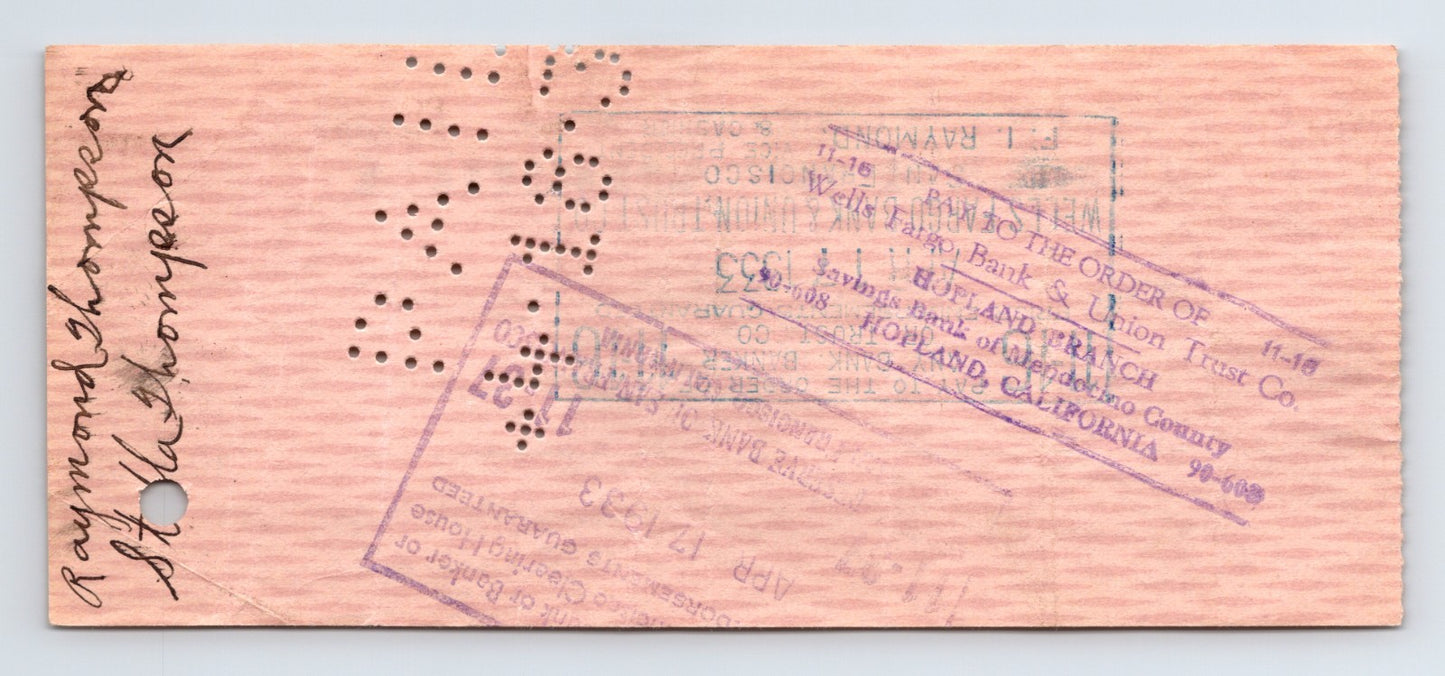 Cloverdale California 1933 Bank of America Money Order Check 2.75 x 6