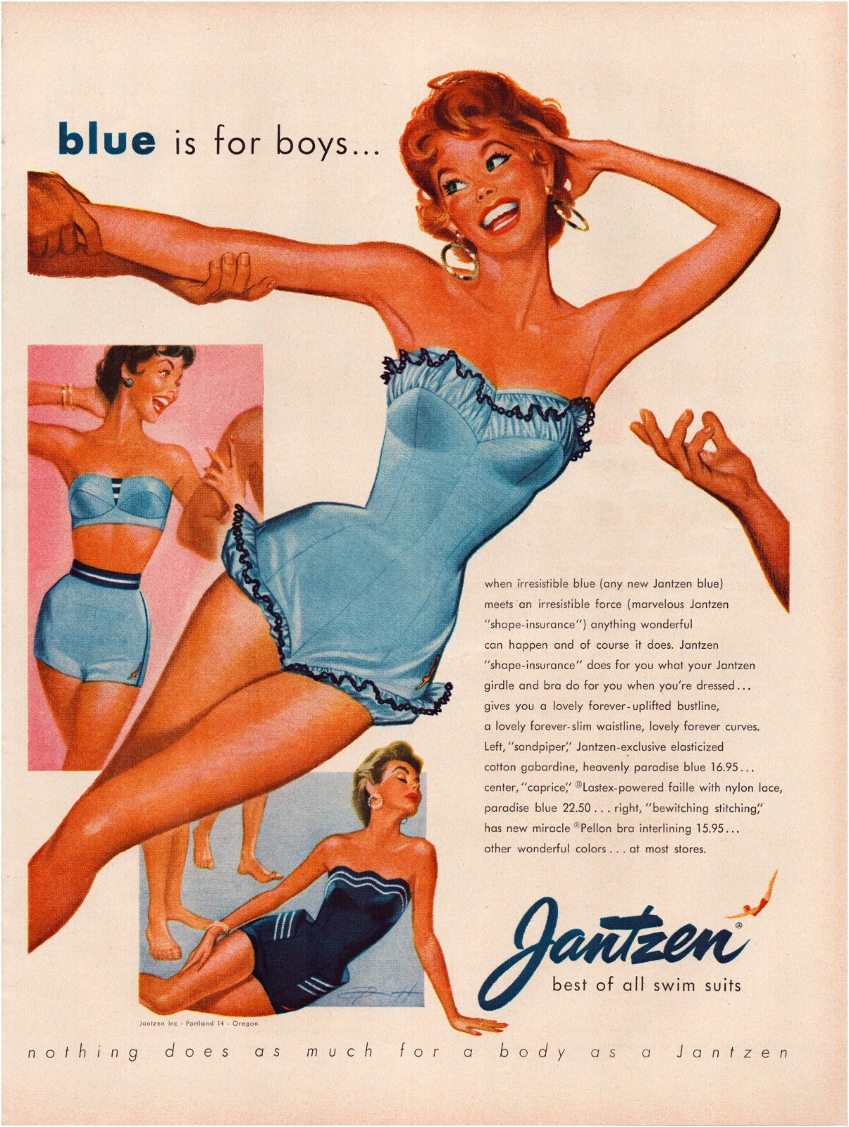 Jantzen 1954 swimsuit print ad featuring pin up model in blue swimwear with illustrated figures and branding