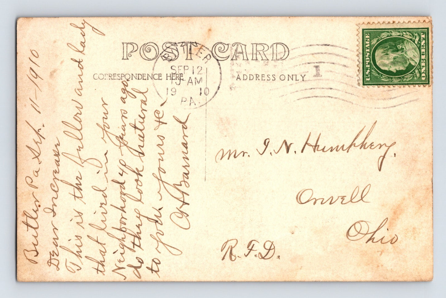Butler Pennsylvania Residence 1910 RPPC Postcard Posted Divided Back