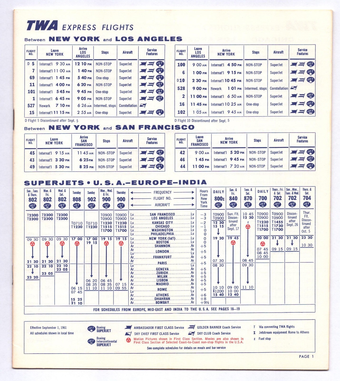 TWA Trans World Airlines 1961 SuperJet Complete System Time Table Brochure