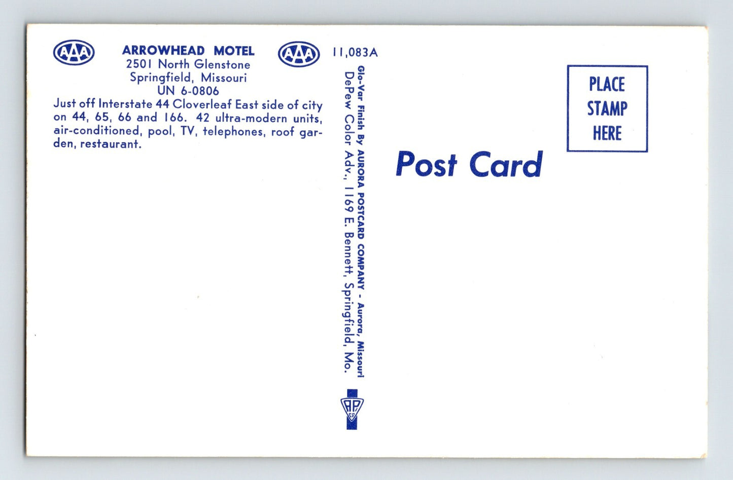 Springfield Missouri Arrowhead Motel Route 66 Postcard 1960s Unposted Chrome
