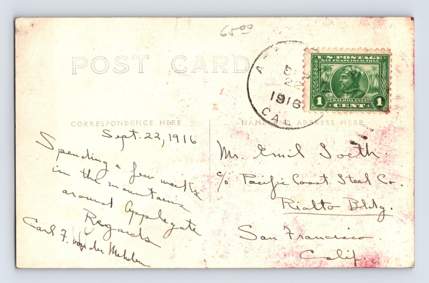 Applegate California Pinewood Resort 1916 RPPC Postcard Posted Divided Back