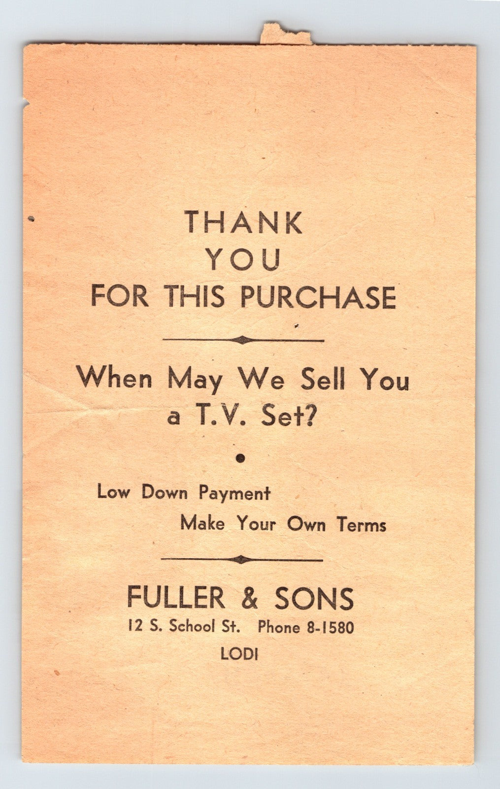 Lodi California 1950s Fuller Sons Toys Sporting Goods Television Billhead 6 x 3.5