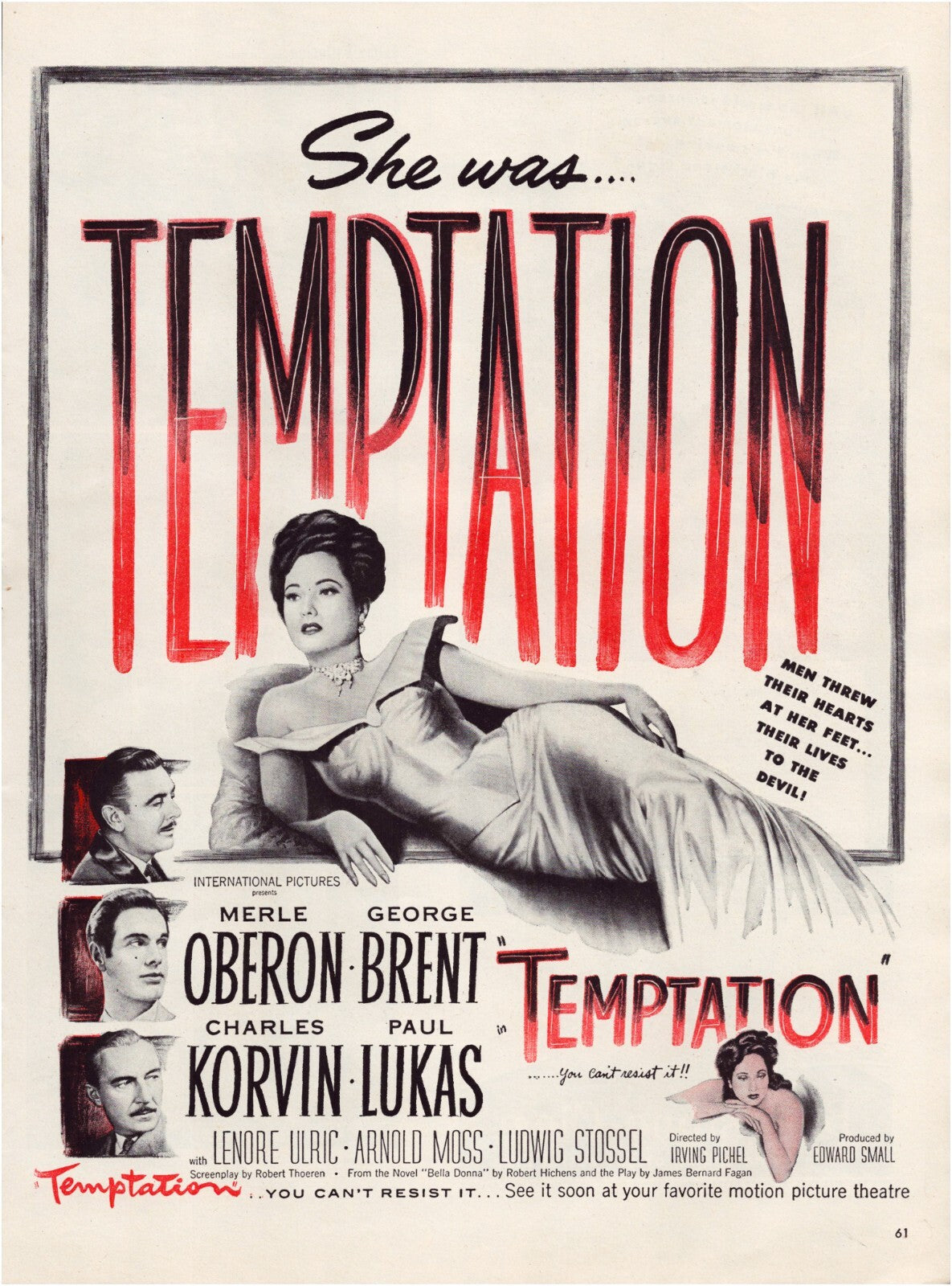 Temptation 1946 Merle Oberon Film Noir Print Ad Full Page 10.5 x 13.5