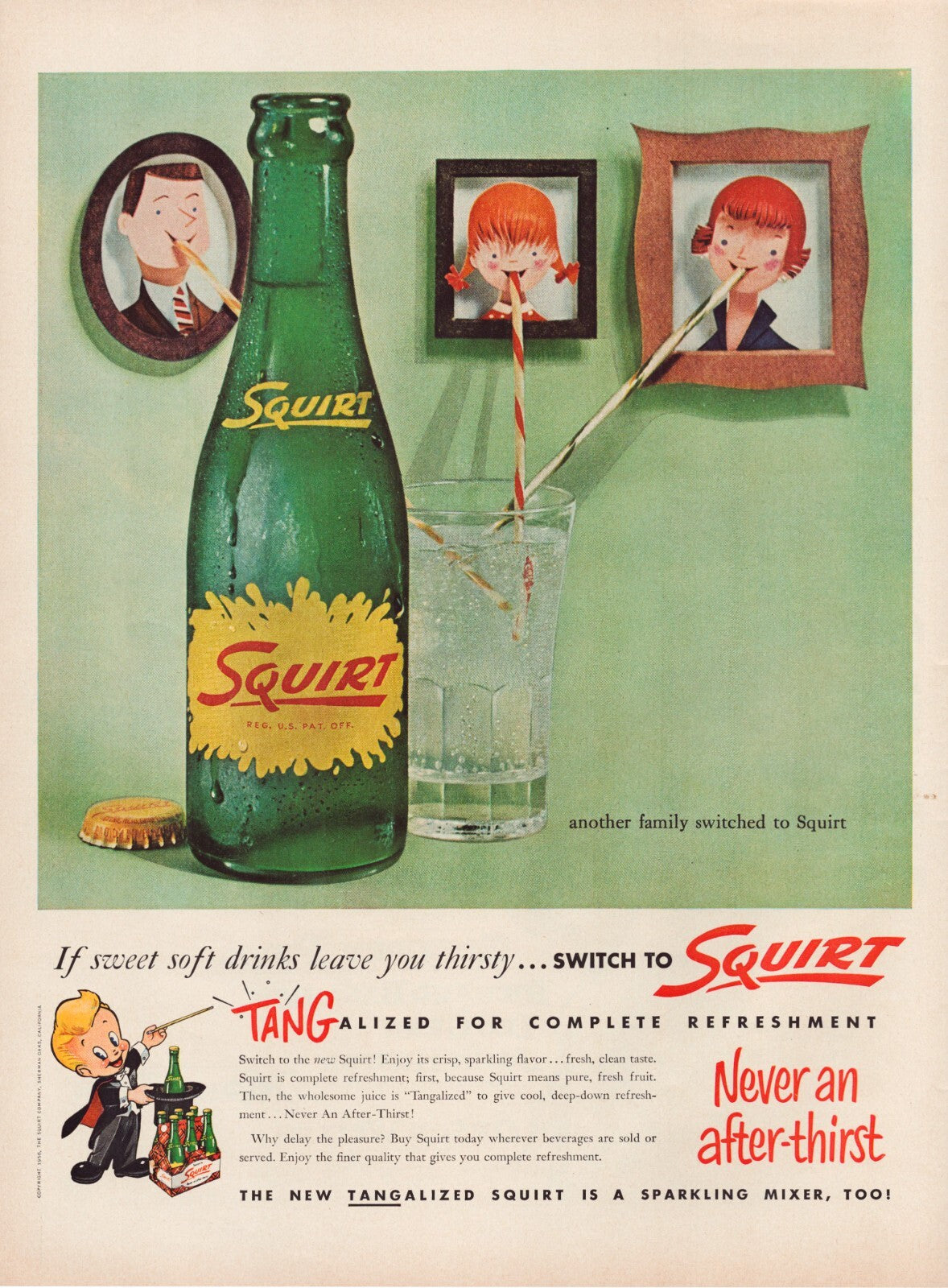 Squirt soda 1956 print ad bottle glass straw illustration family portraits
