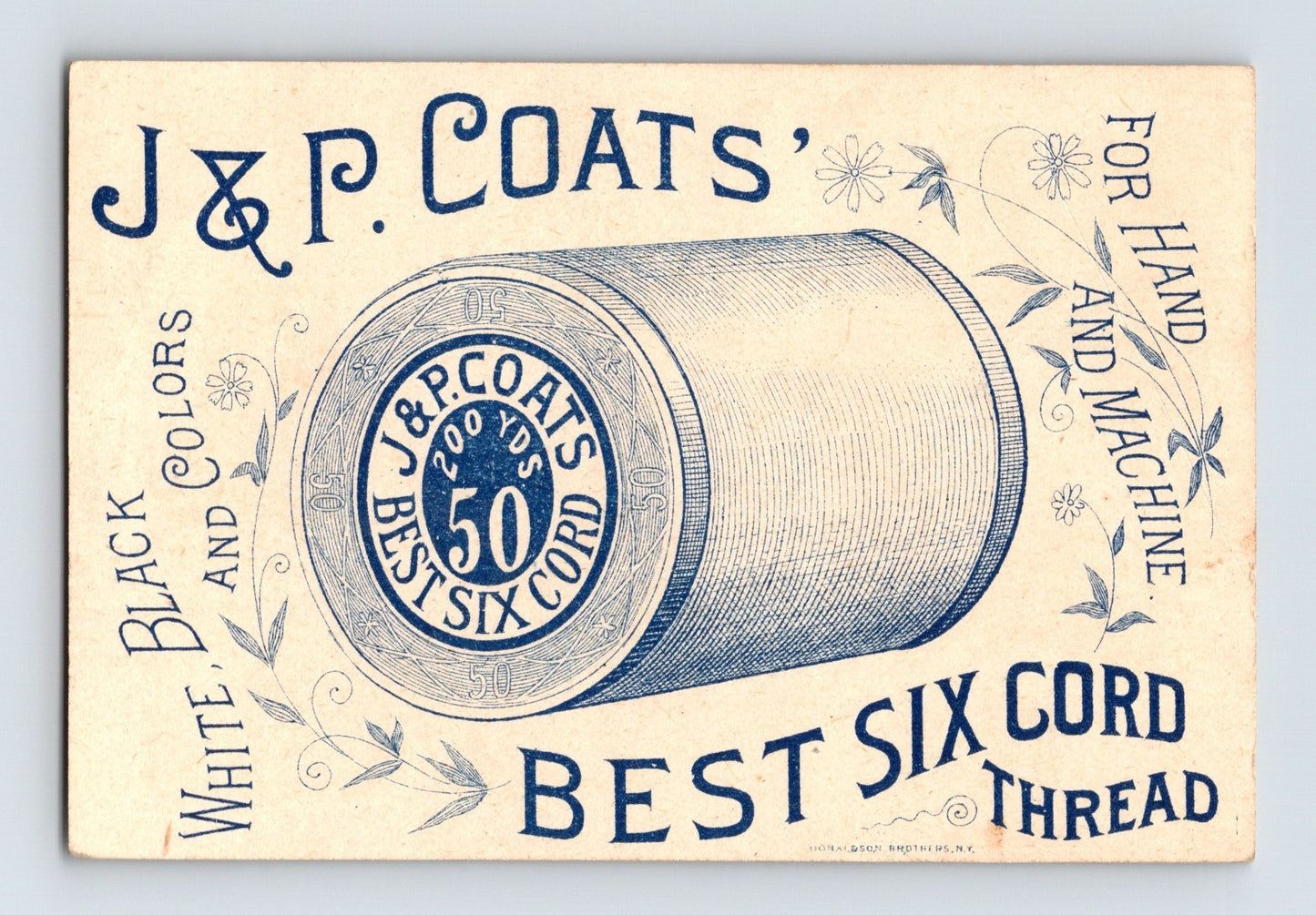 J and P Coats Spool Cotton Girl Floral Branch 1890s Trade Card 4 x 2.75