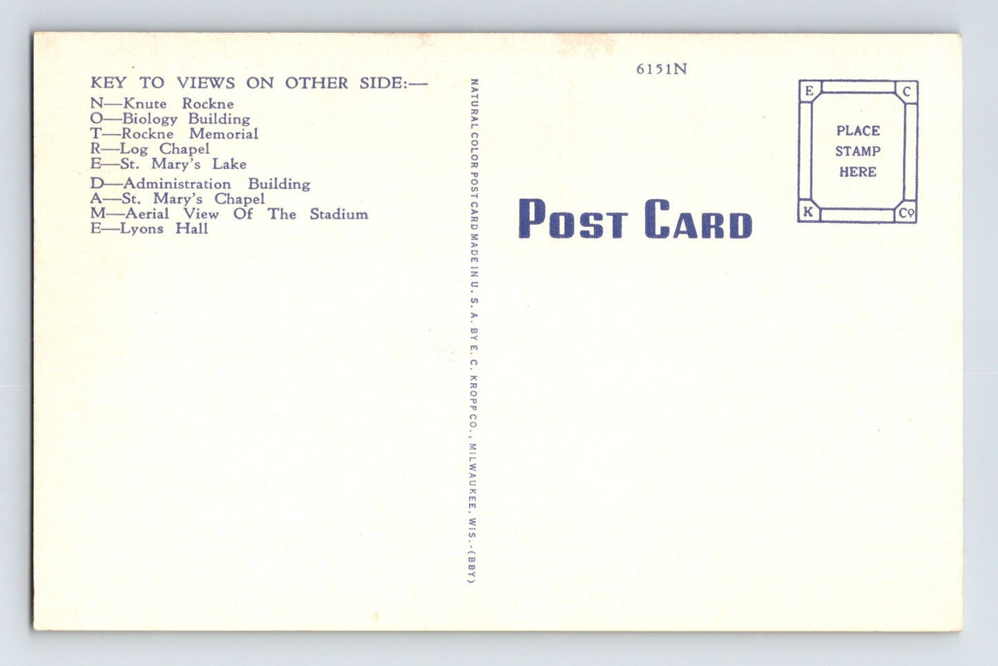 South Bend Indiana University of Notre Dame Football Rockne 1940s Linen Postcard