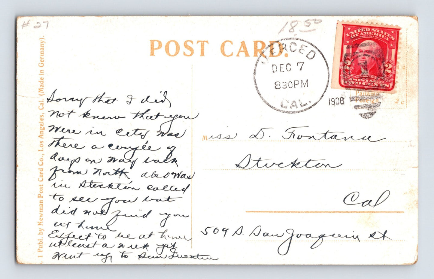 Merced California Court House and Jail 1908 Postcard Posted Divided Back
