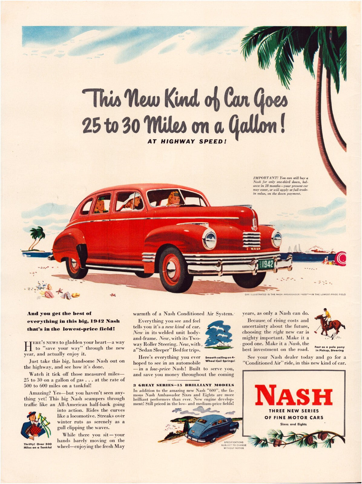 Nash Ambassador 600 1942 Print Ad Fuel Economy Innovation Full Page 10.5 x 13.5