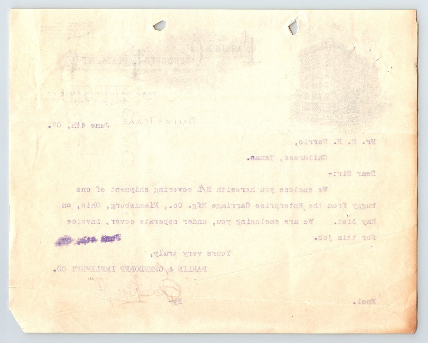 Dallas Texas 1907 Parlin Orendorff Implement Farm Implements Buggy Letter 8 x 7