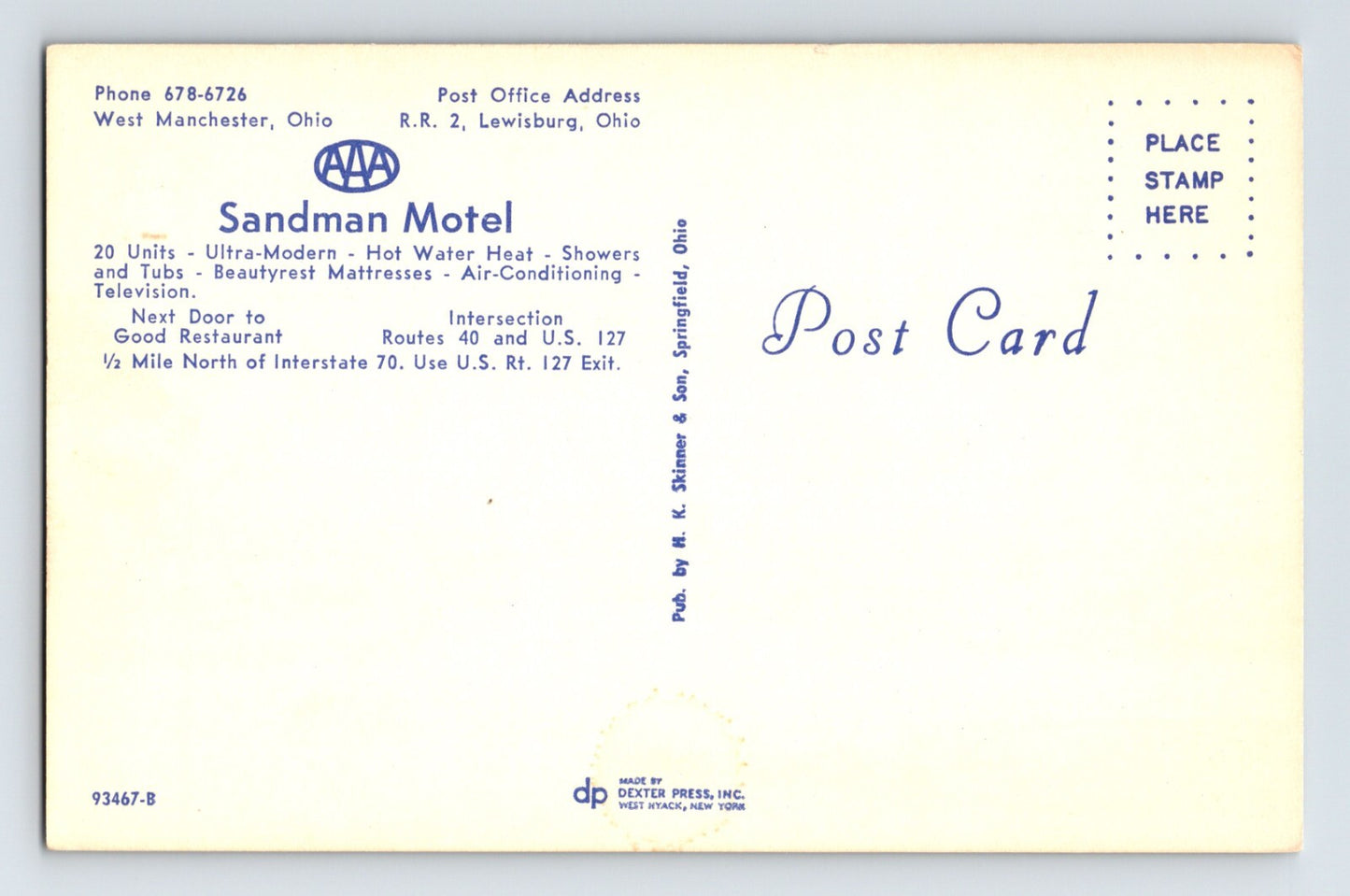 Lewisburg Ohio Sandman Motel 1960s Postcard Unposted Chrome