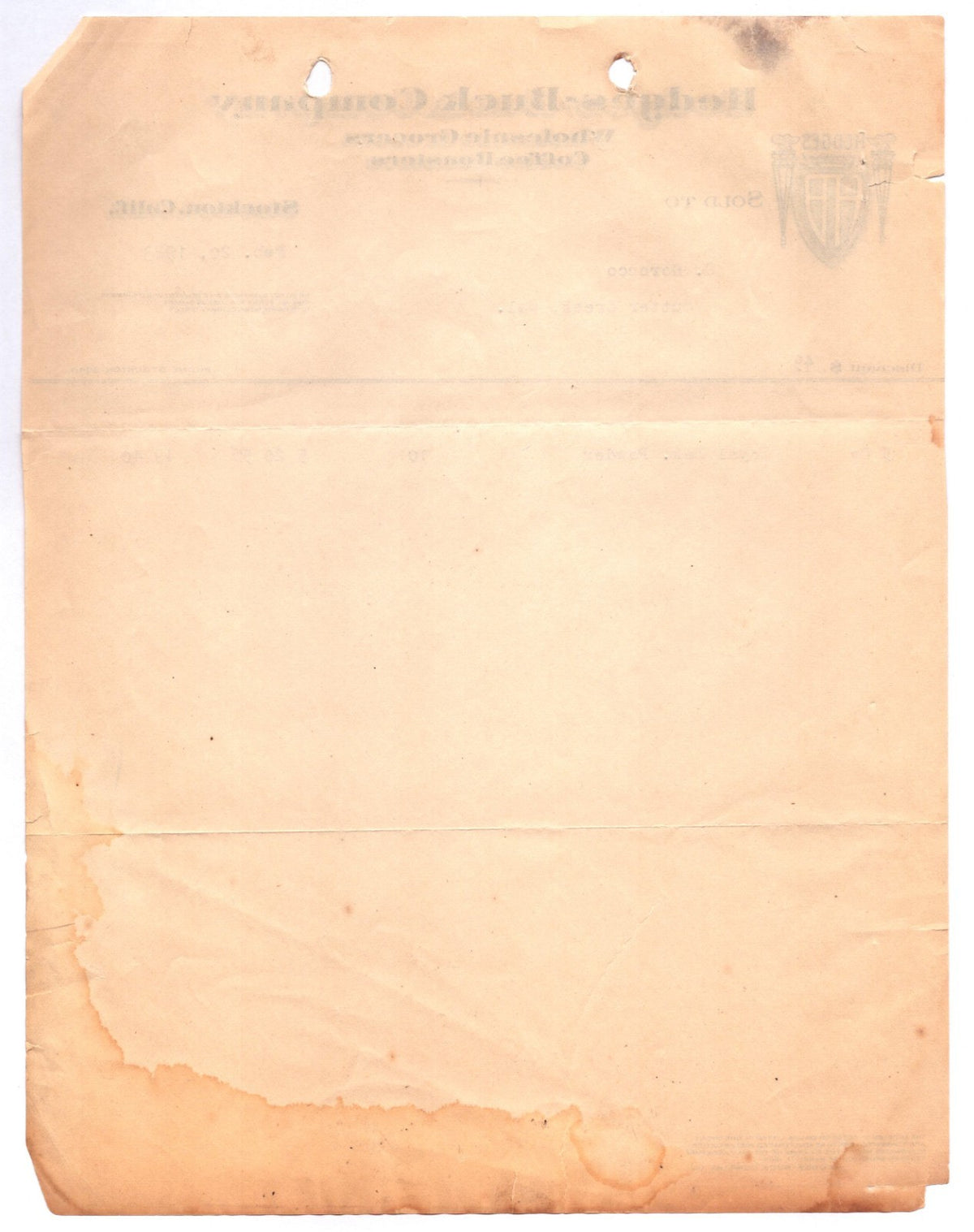 Stockton California 1923 Hedges Buck Grocers Billhead 11 x 8.5
