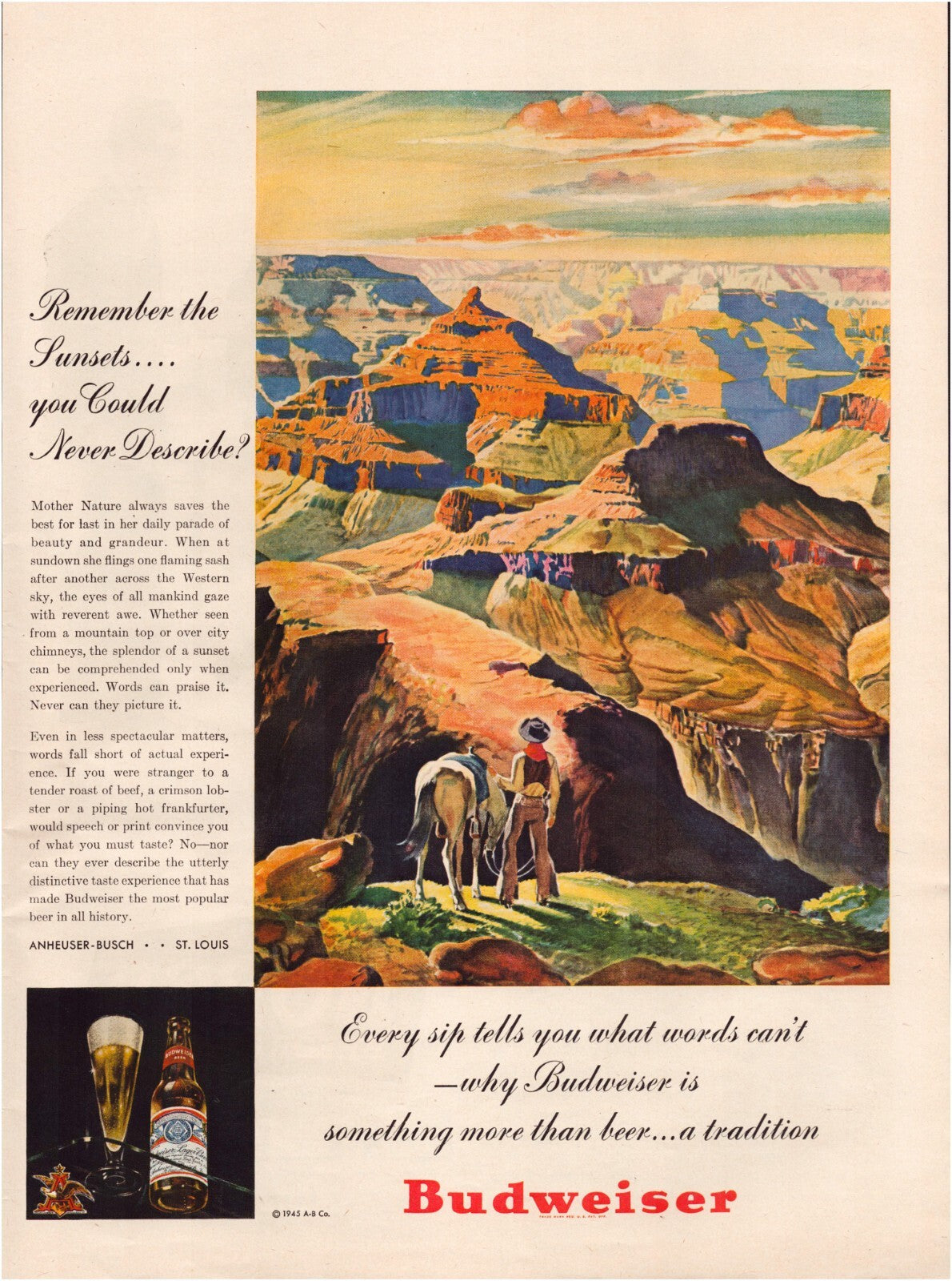 Budweiser 1945 Grand Canyon illustration beer print ad Anheuser Busch vintage