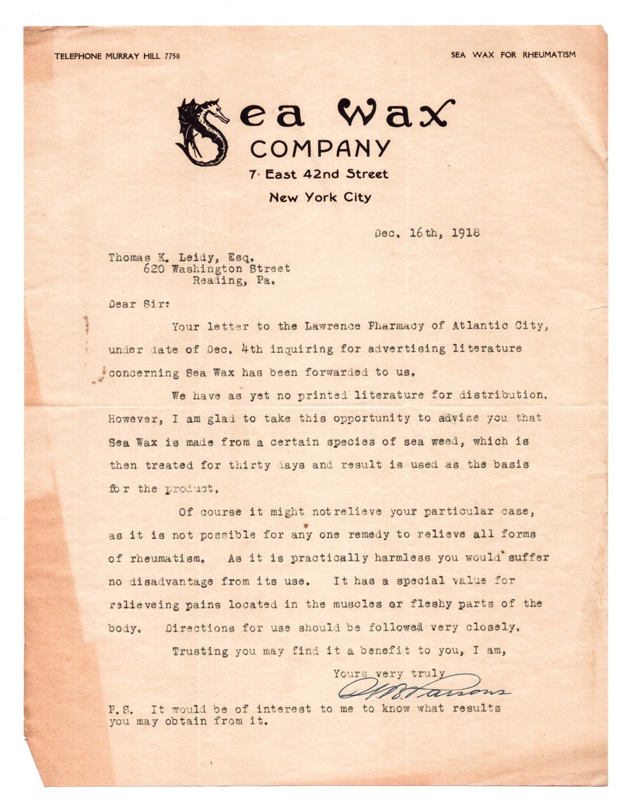 Sea Wax Company New York letterhead 1918 rheumatism remedy correspondence seahorse logo document