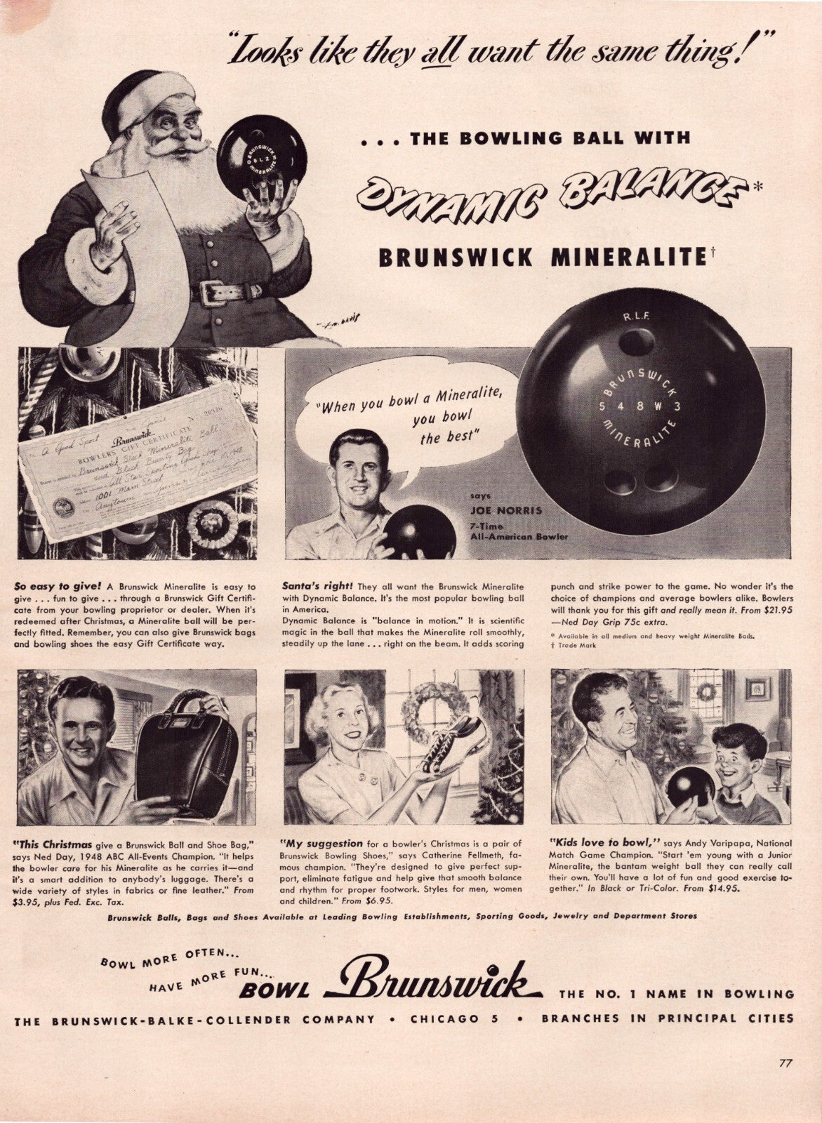 Brunswick Mineralite Bowling Ball 1948 Christmas Print Ad Full Page 10.5 x 13.5