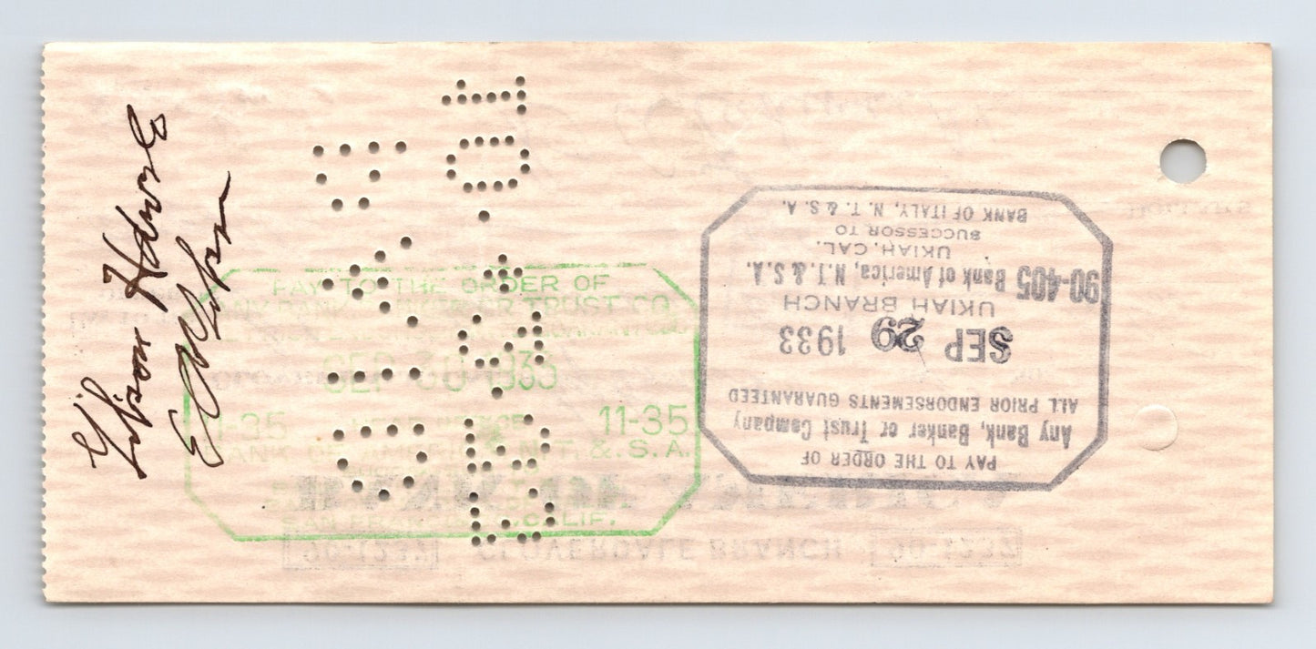 Cloverdale California 1933 Bank of America Money Order Check 2.75 x 5.75