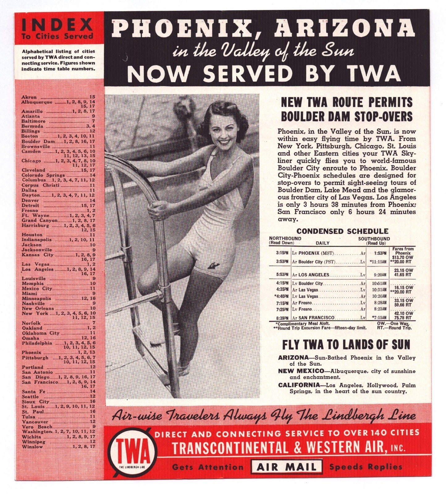 TWA Transcontinental Western Airlines 1938 System Time Table Swimsuit Brochure