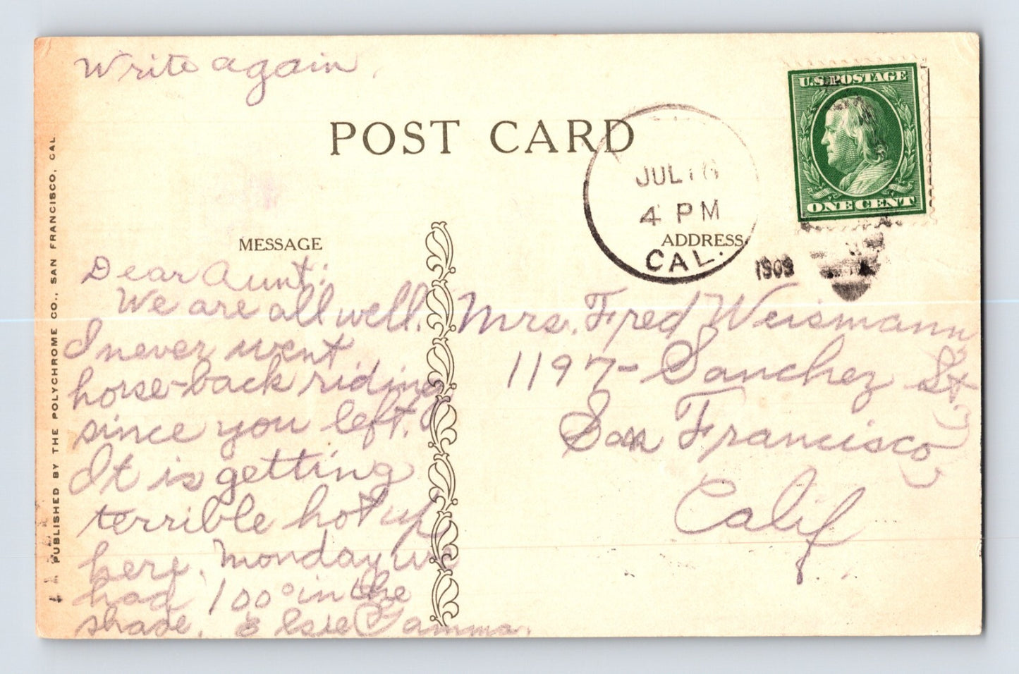 Auburn California Freeman Hotel 1909 Postcard Posted Divided Back