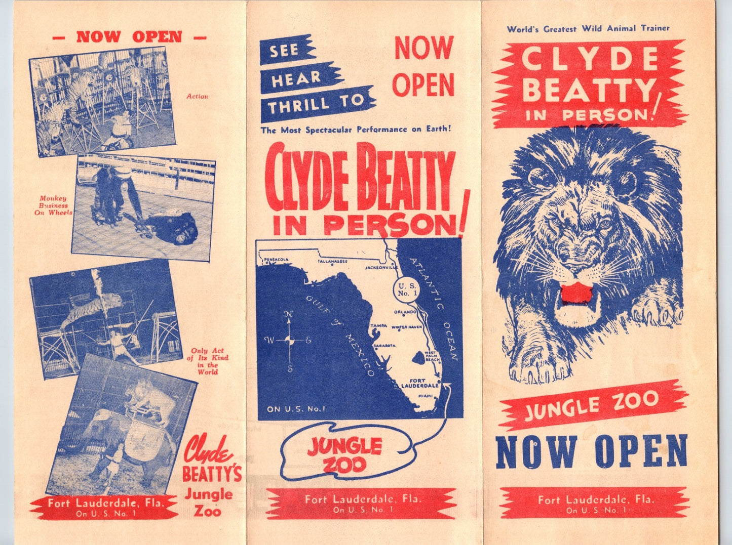 Clyde Beatty Jungle Zoo 1940s Circus Brochure Fort Lauderdale Florida 9.5 x 11