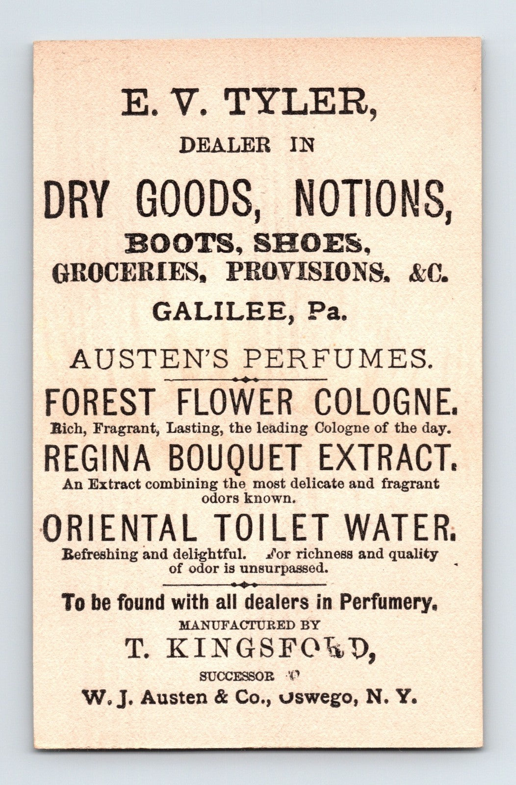 Austens Forest Flower Cologne Cherub 1887 Victorian Trade Card 4 x 2.5