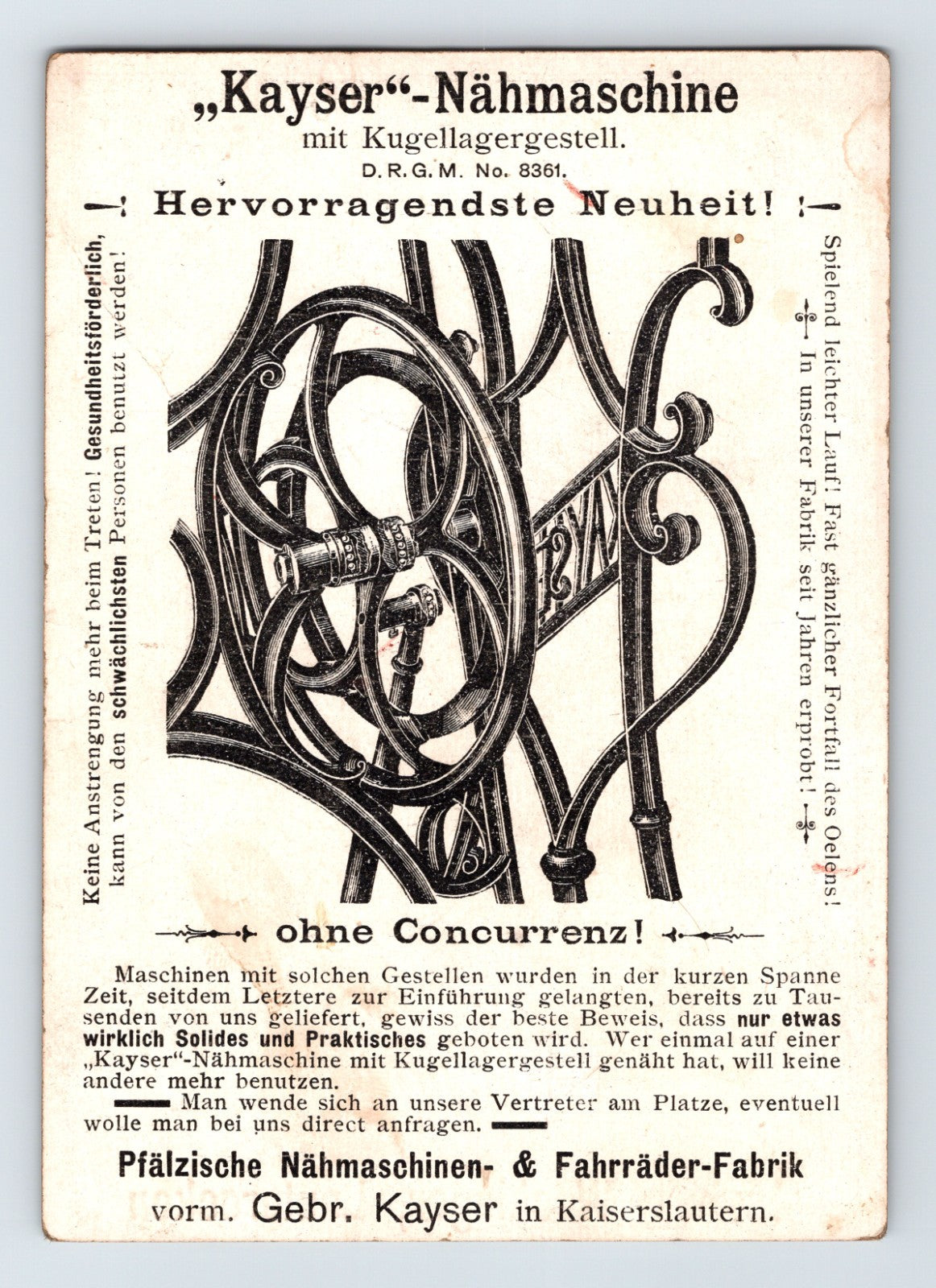 Kayser Nähmaschine Artist Paint Sewing Machine Germany 1890s Trade Card 3.5 x 5