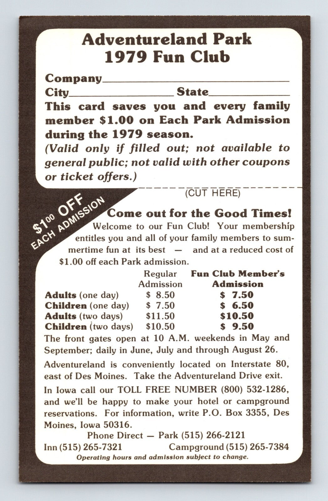 Des Moines Iowa Adventureland Roller Coaster Advert 1979 Postcard Unposted