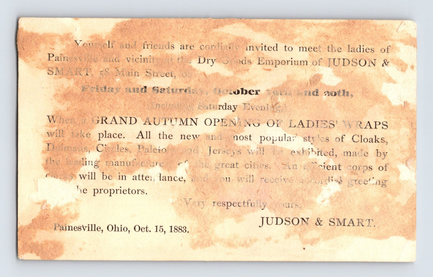 Painesville Ohio Judson Smart Dry Goods Angels 1890s Victorian Trade Card 5 x 3