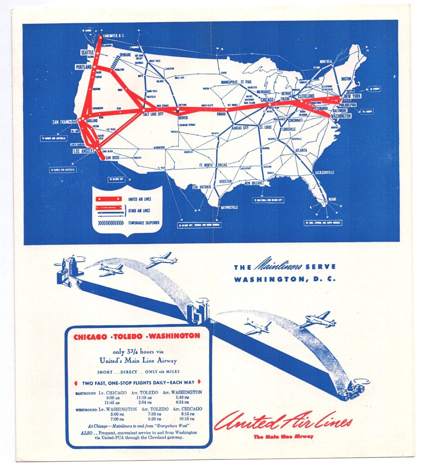 Washington DC 1944 United Airlines System Time Table Brochure Booklet