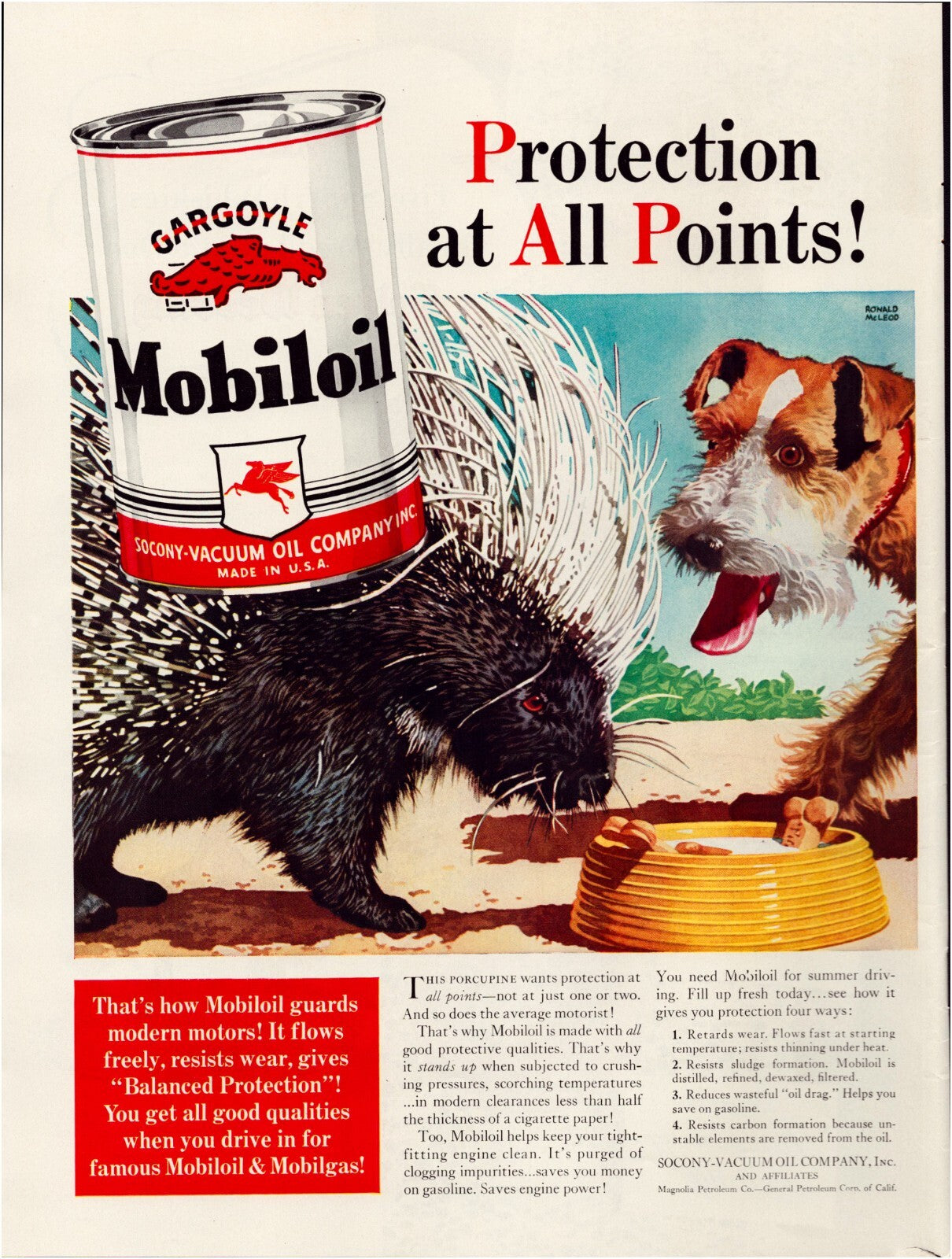 Mobil oil 1940 print ad terrier dog porcupine illustration protection all points vintage advertising