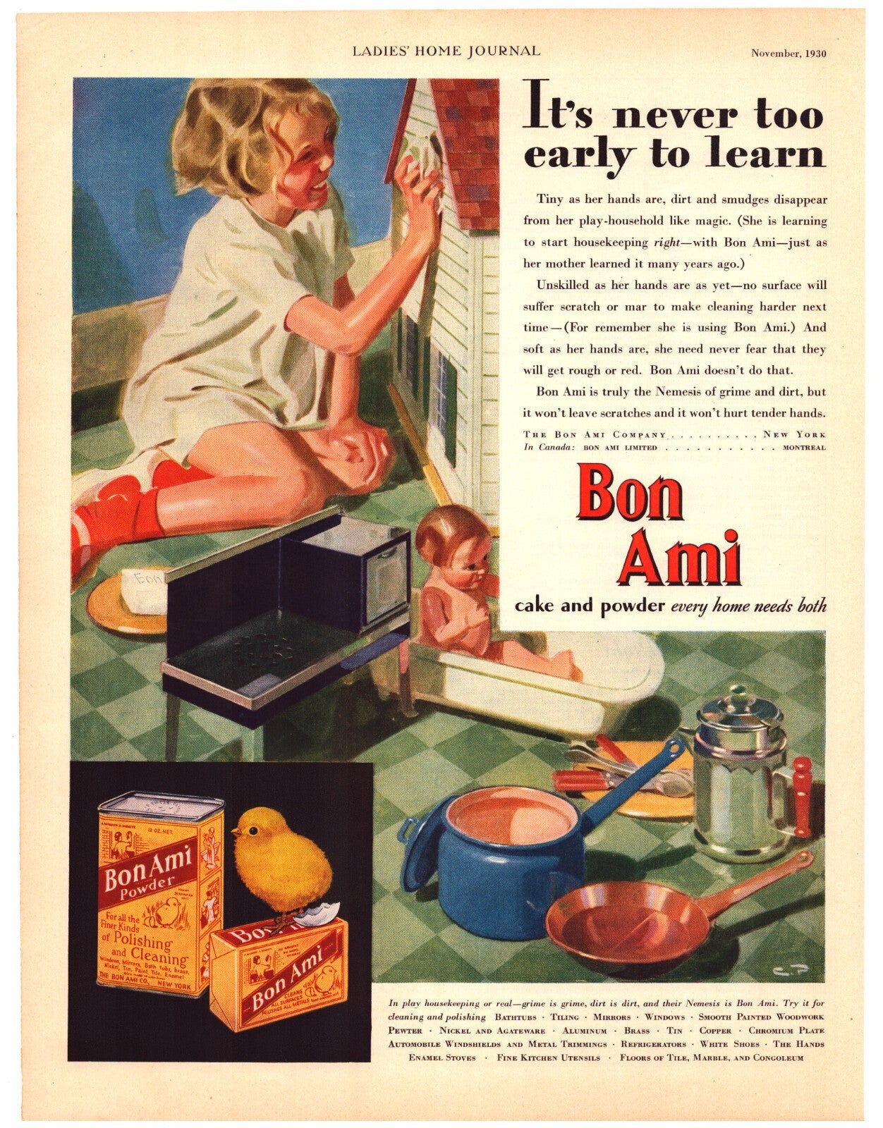 Bon Ami Soap 1930 Print Ad Cute Little Girl Doll House 13.5 x 10.5