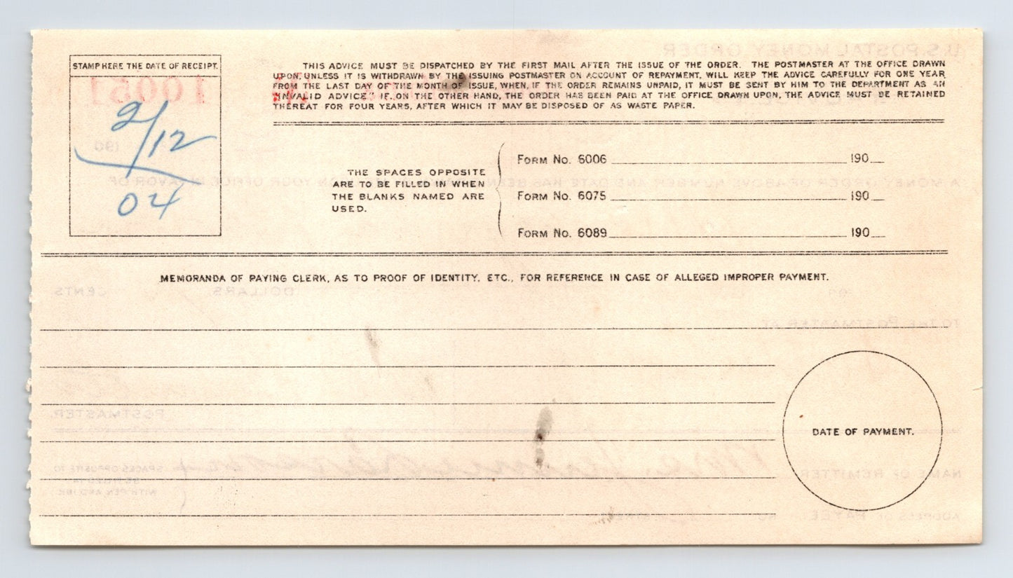 Ione California 1904 U.S. Postal Money Order Advice Sutter Creek 3.5 x 5.5
