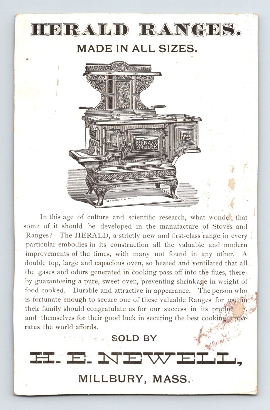 Herald Ranges Stove Children Sled 1890s Trade Card Millbury MA 3.75 x 5.75