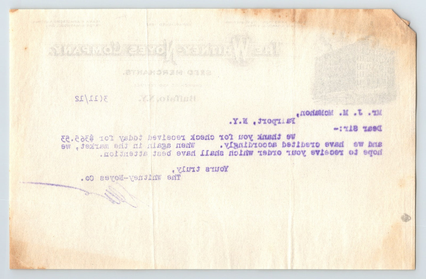 Buffalo New York 1912 Whitney Noyes Seed Merchants Letterhead 8.5 x 5.5