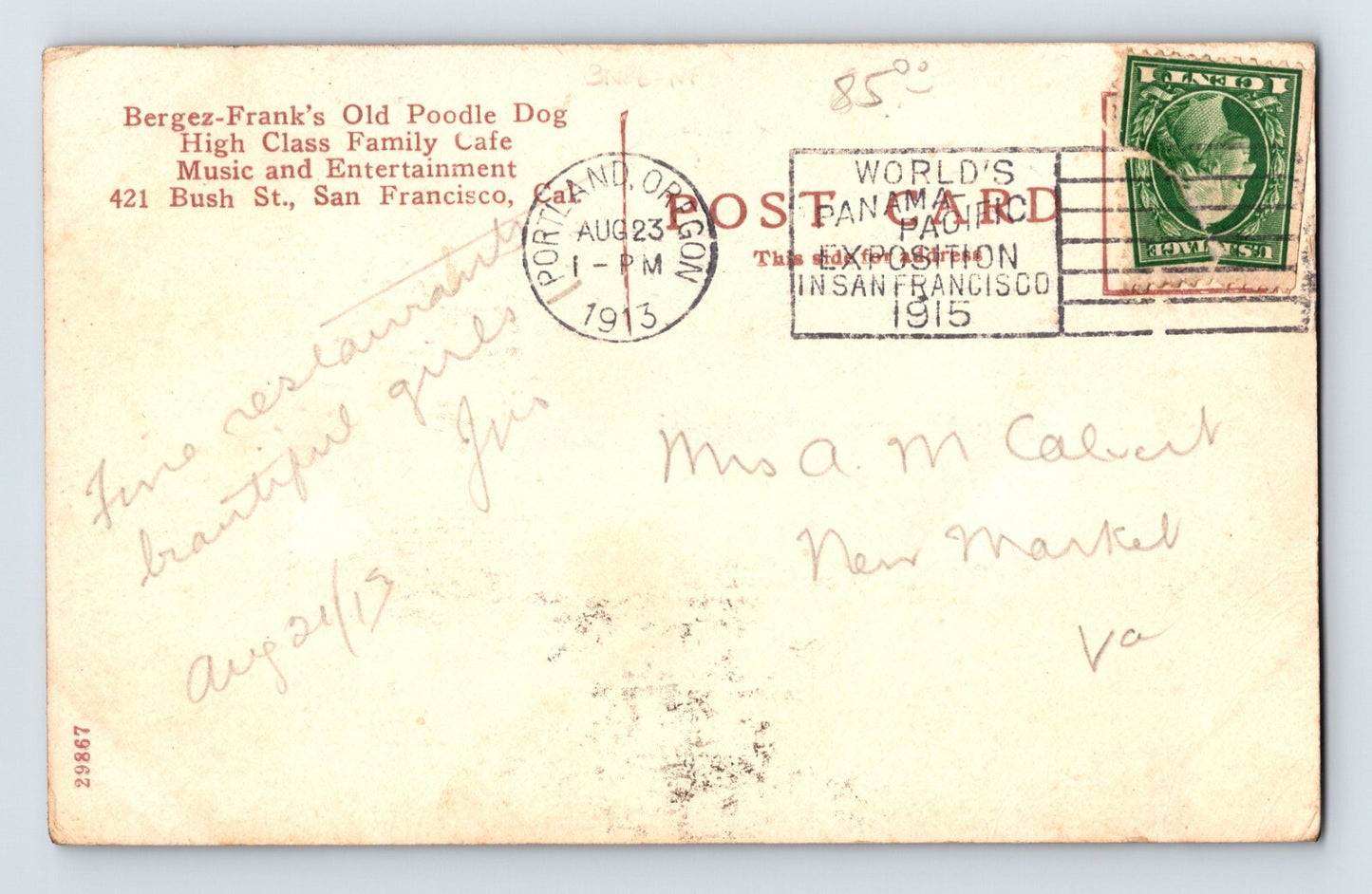 San Francisco California Poodle Dog Cafe New Years Eve 1913 Postcard Posted