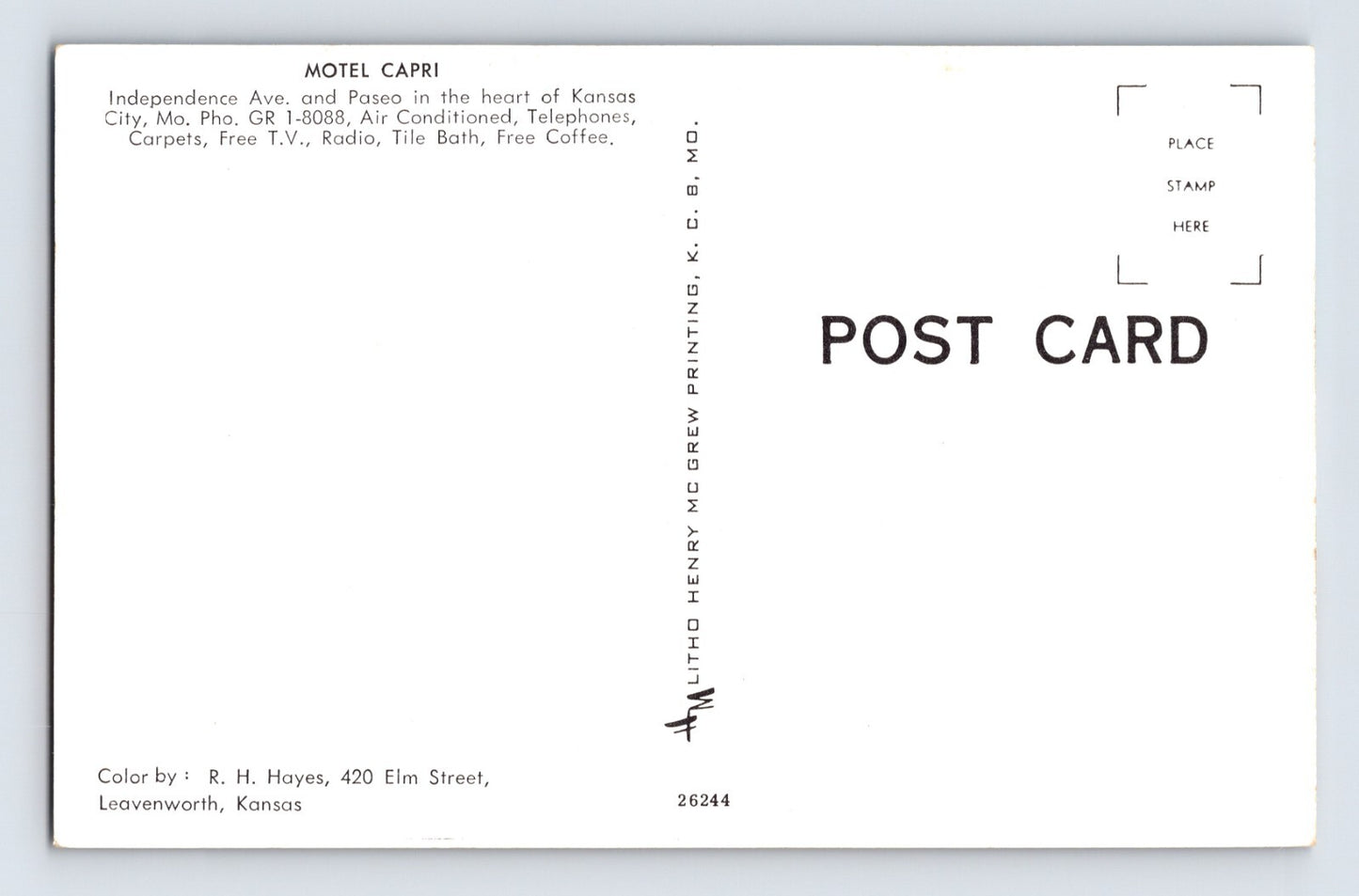 Kansas City Missouri Motel Capri 1960s Postcard Unposted Chrome