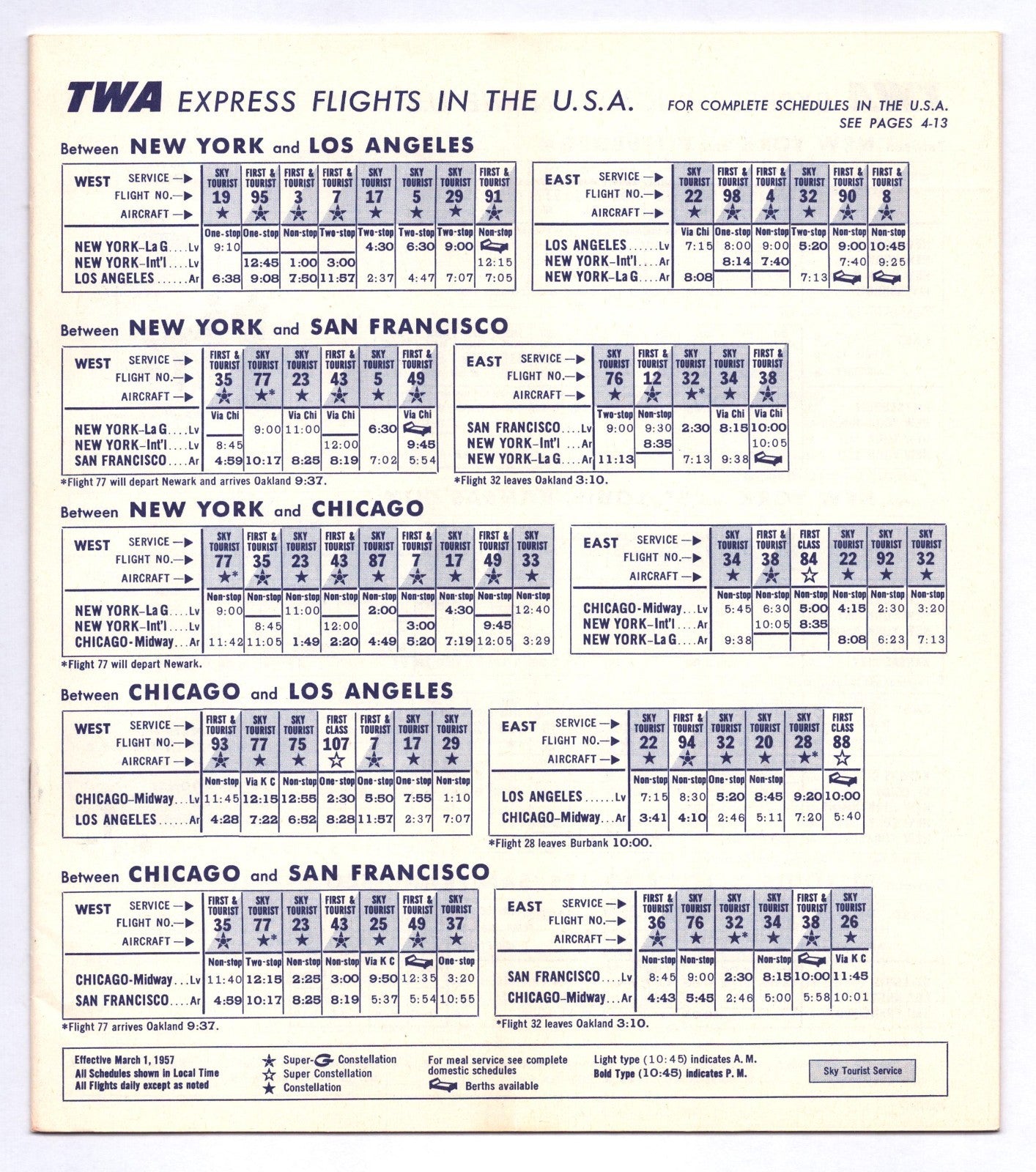 TWA Trans World Airlines 1957 Paris Eiffel Tower System Time Table Brochure