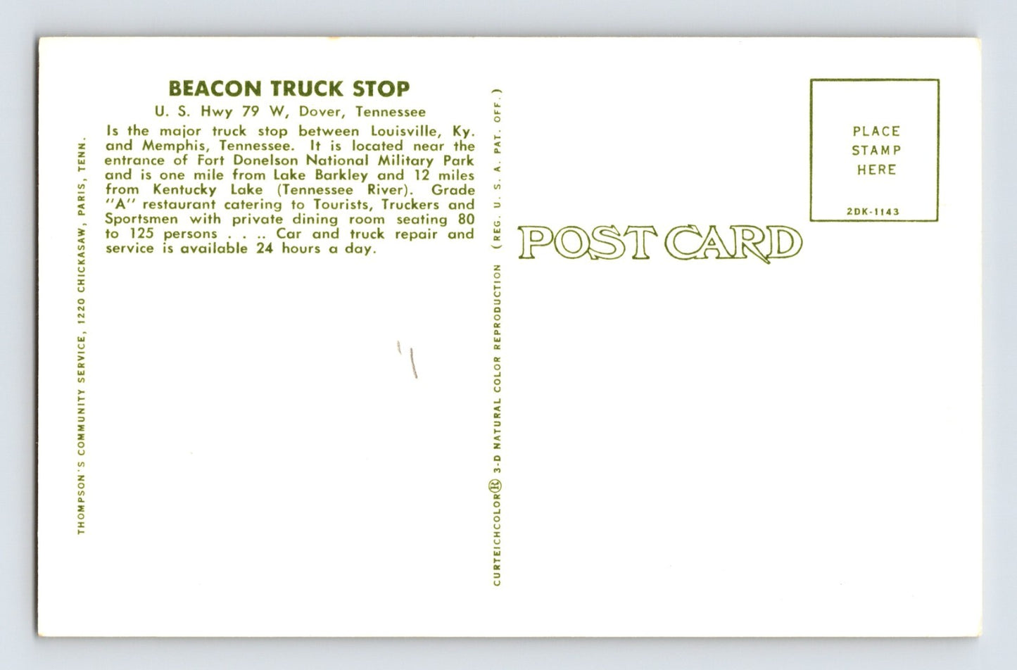 Dover Tennessee Beacon Truck Stop Bar-B-Q 1960s Chrome Postcard Unposted