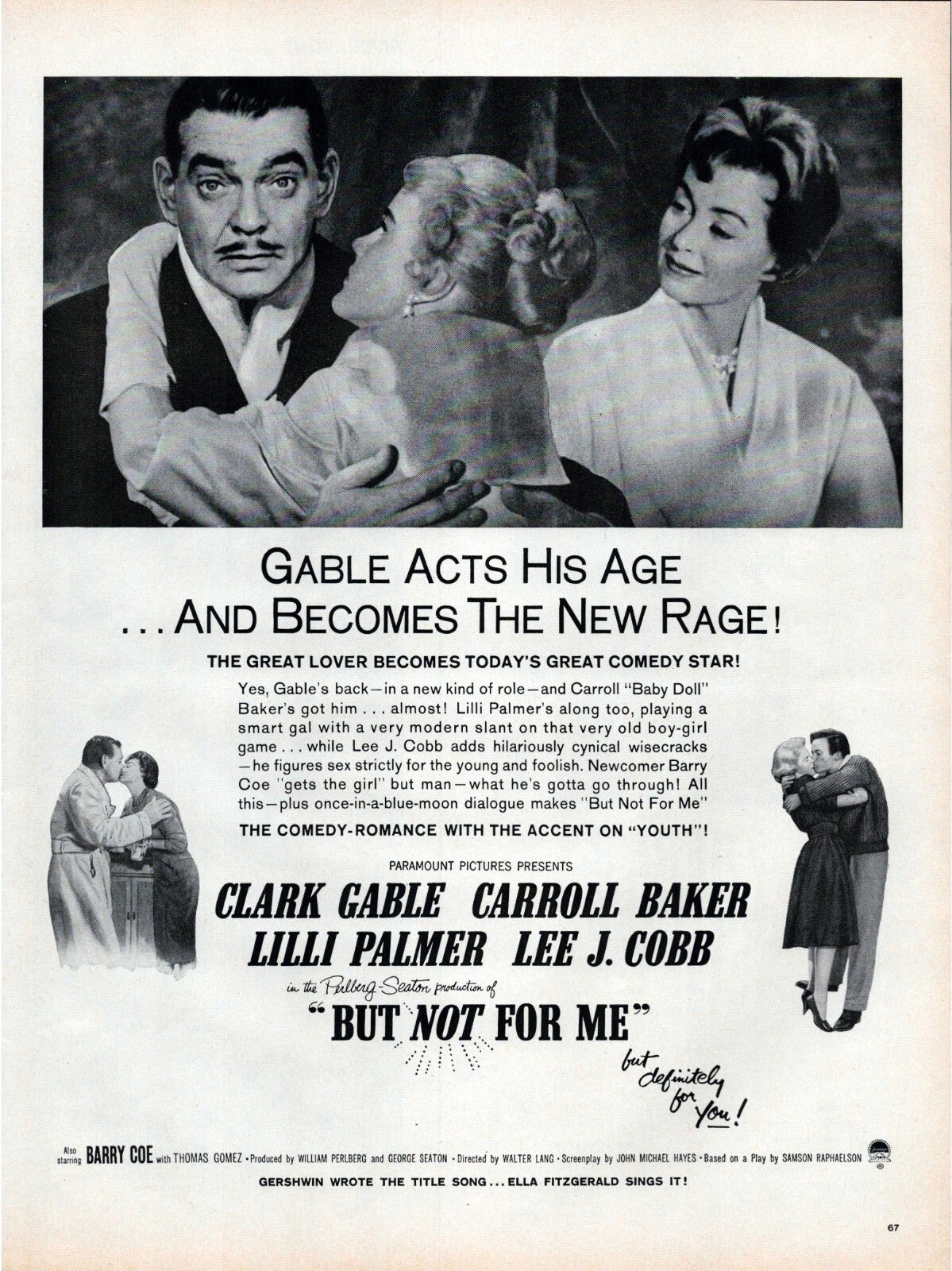 But Not for Me Film 1959 Clark Gable Carroll Baker Print Ad 10.5 x 13.5
