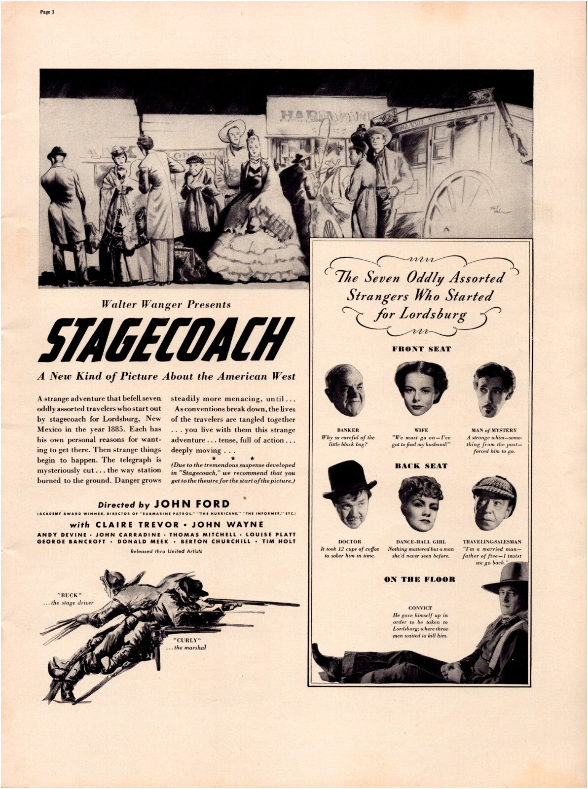 Stagecoach 1939 film print ad John Ford John Wayne cast illustration western
